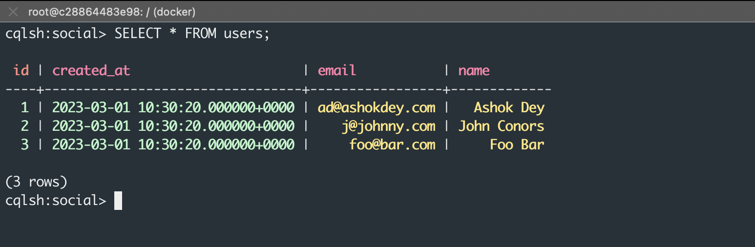 Result of select all from users.