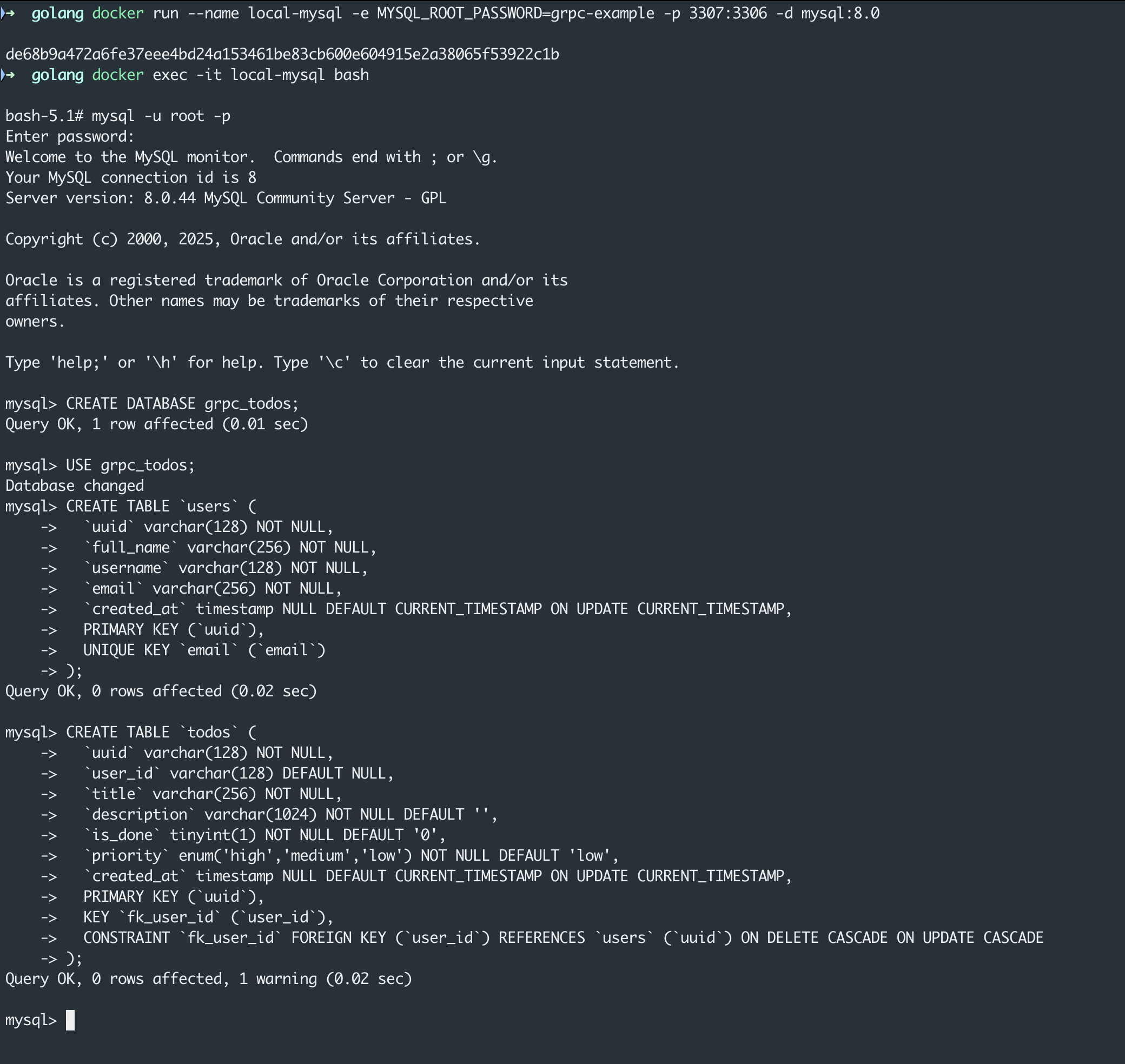 MySQL docker container operations